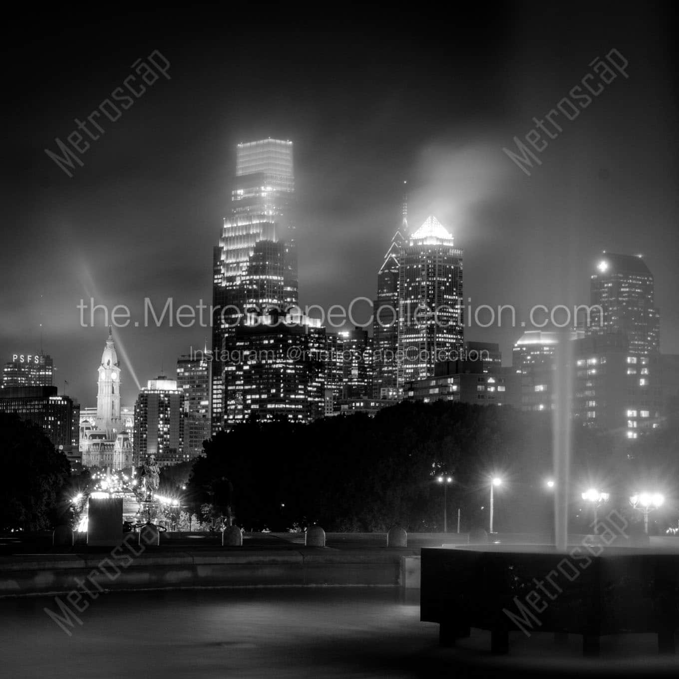 philadelphia skyline from art museum at night Black & White Wall Art