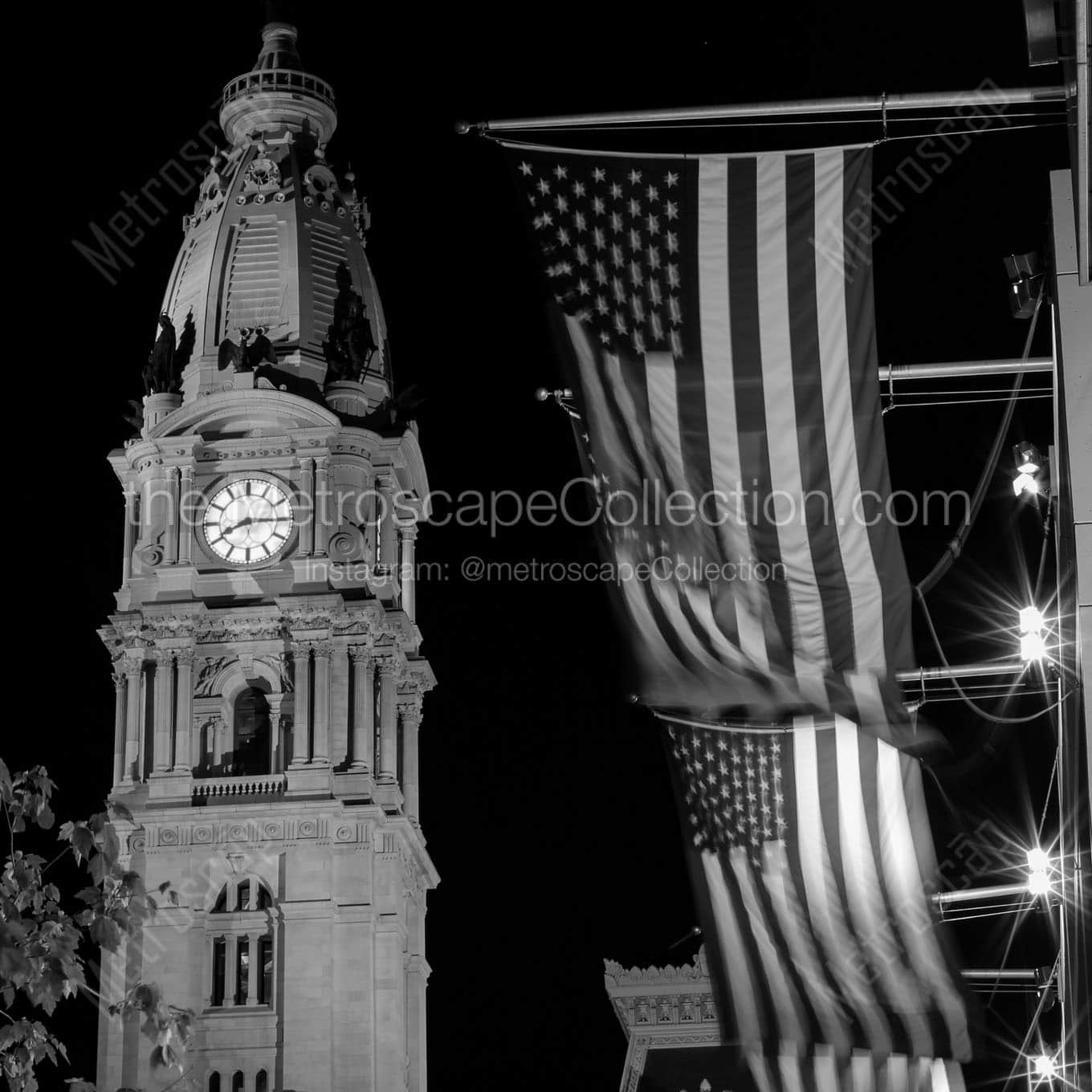 philly city hall and us flags at night Black & White Wall Art