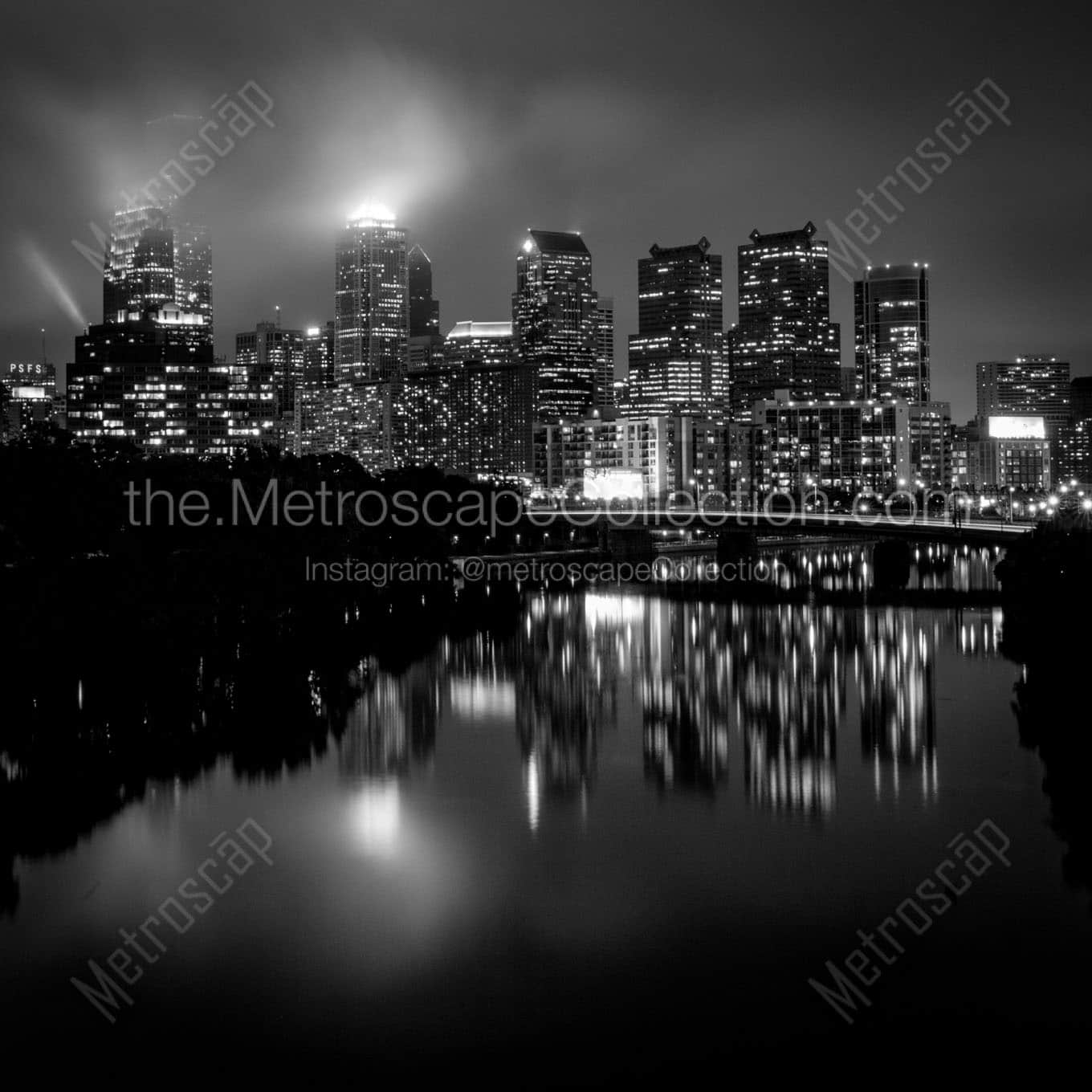 philly city skyline at night foggy Black & White Wall Art