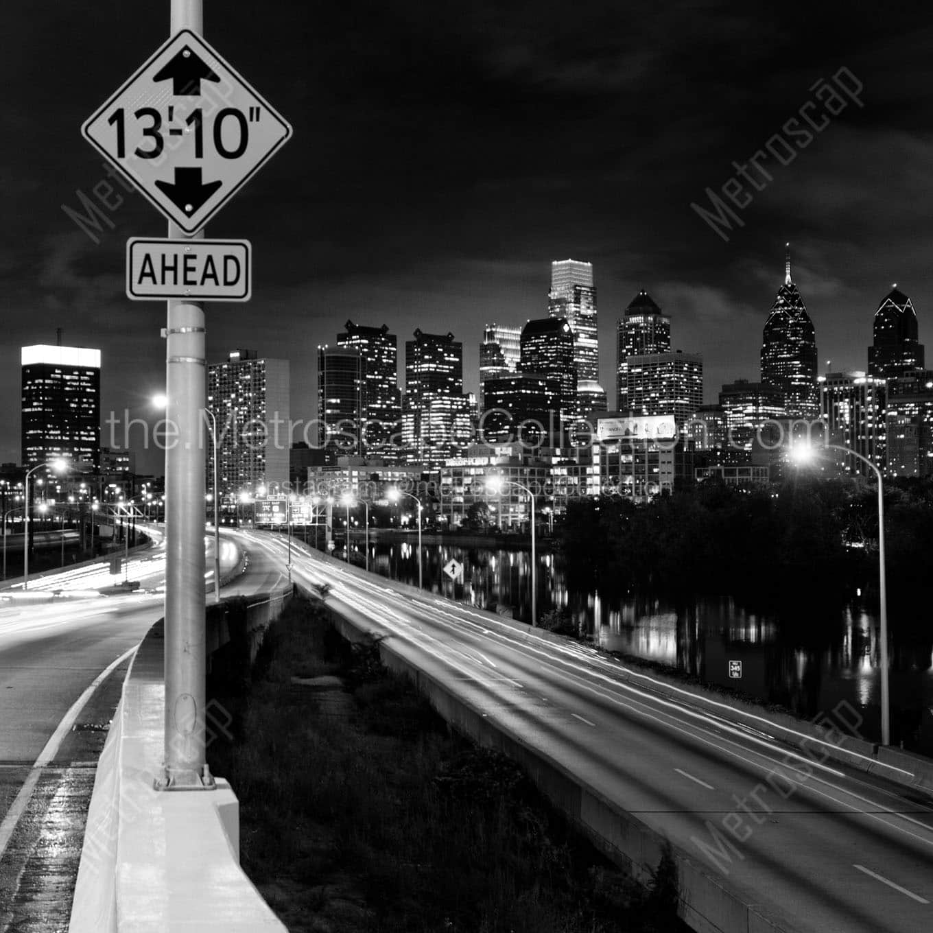philly skyline over i76 at night Black & White Wall Art