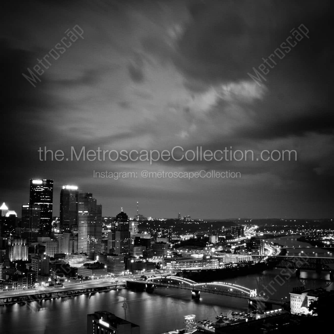 pittsburgh skyline at night along monongahela river Black & White Wall Art