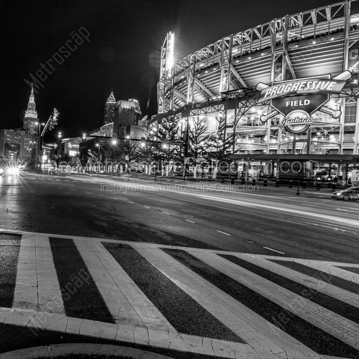 progressive field ontario street at night Black & White Wall Art