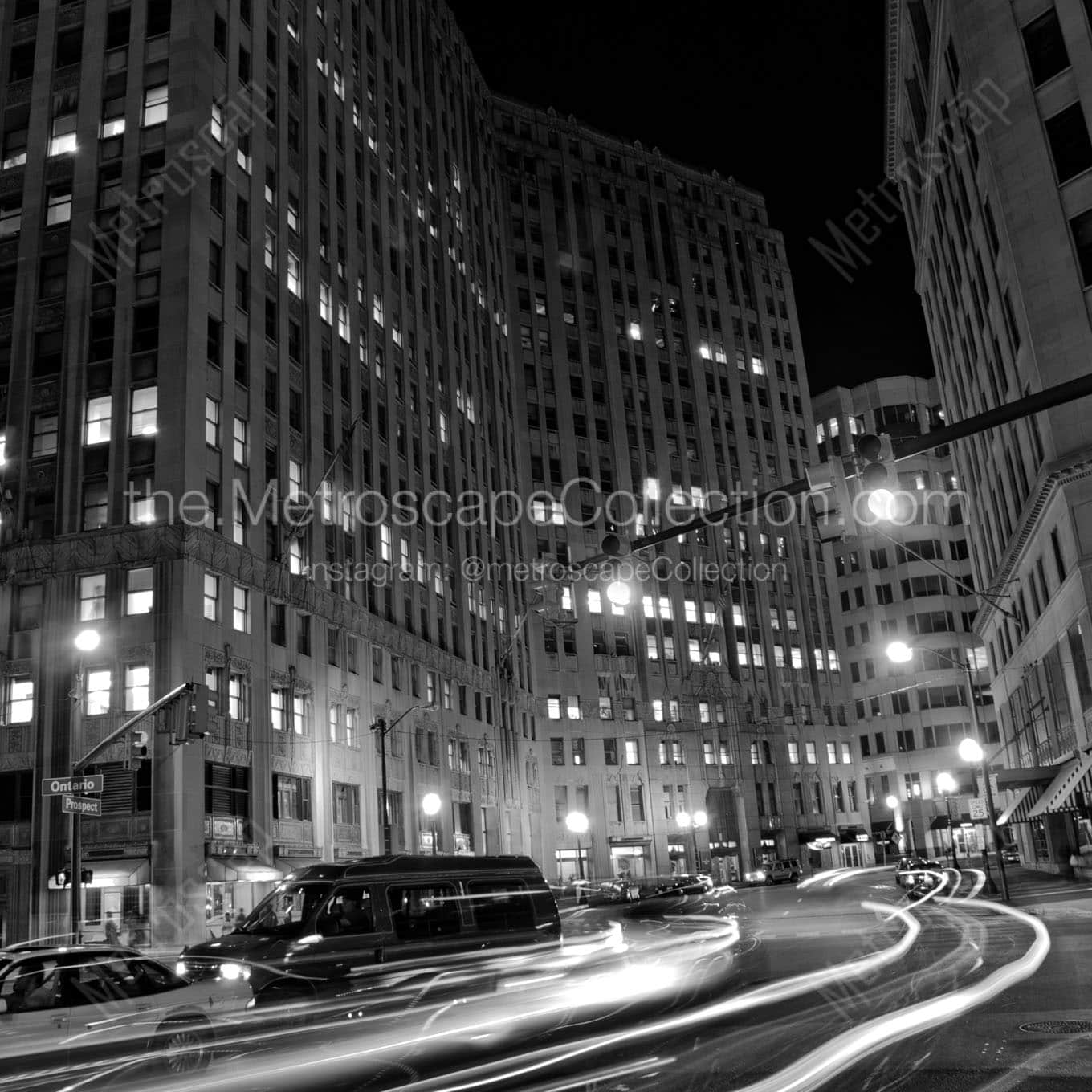 prospect ontario traffic downtown cleveland at night Black & White Wall Art