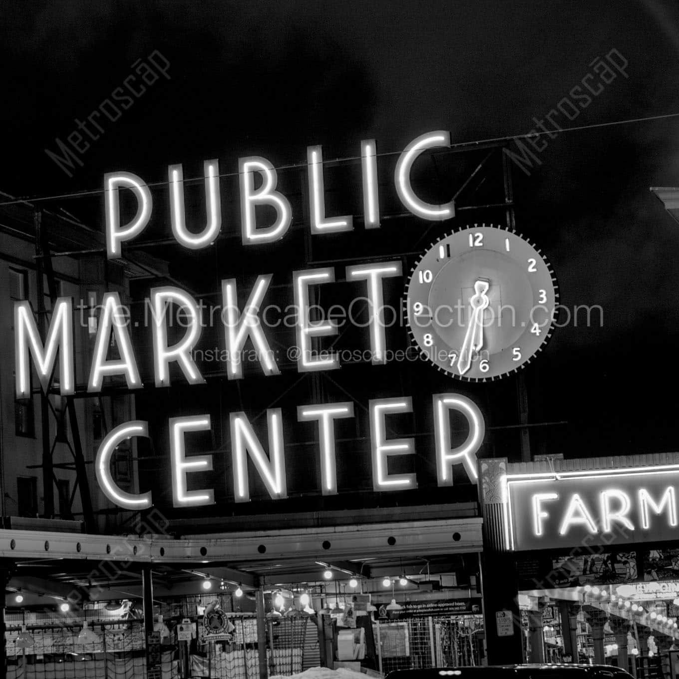 public market center sign at night Black & White Wall Art