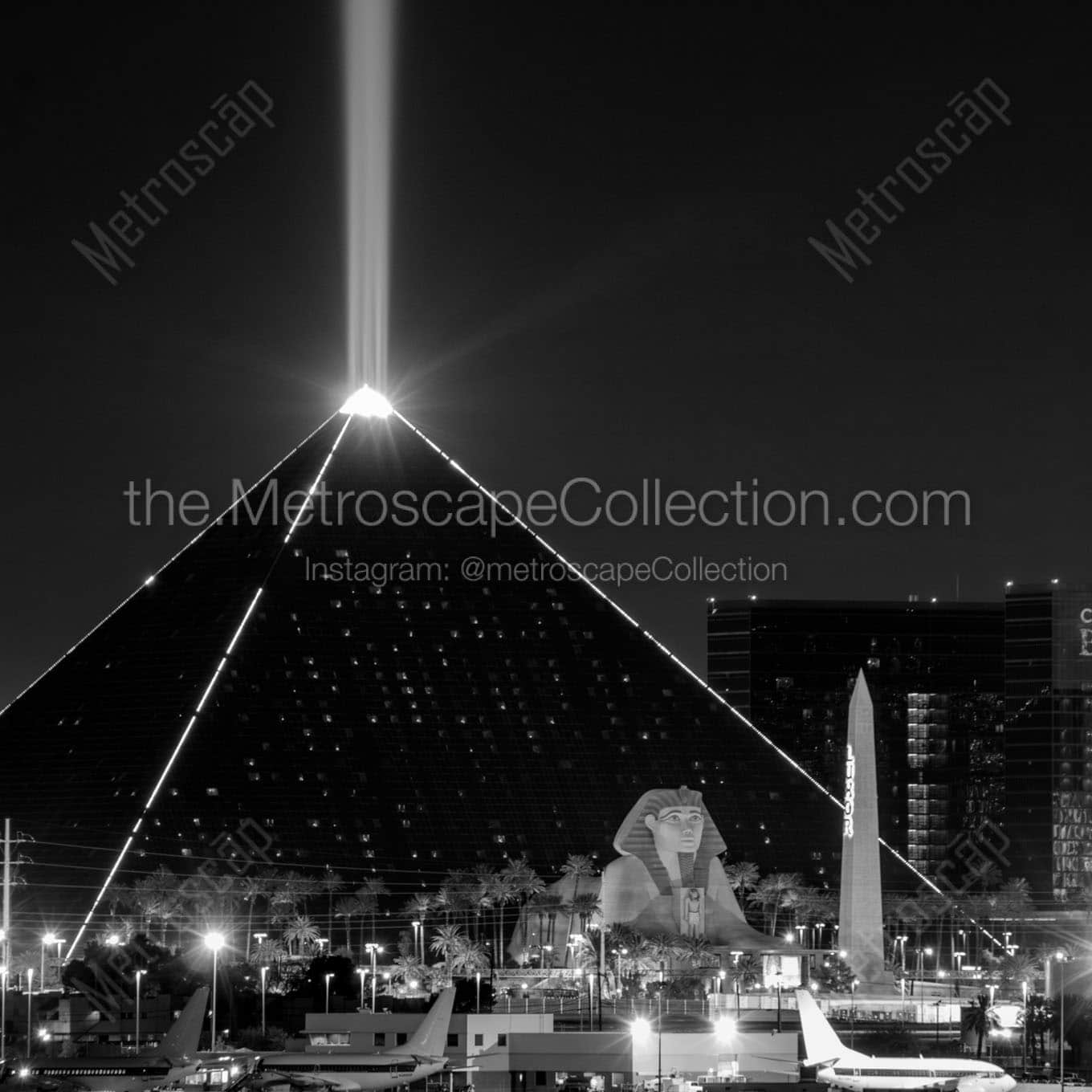 pyramid and sphinx luxor at night Black & White Wall Art