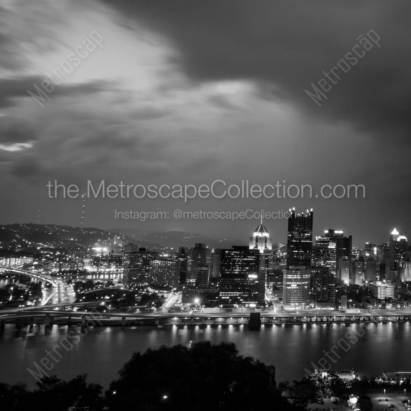 rainfall over pittsburgh skyline Black & White Wall Art