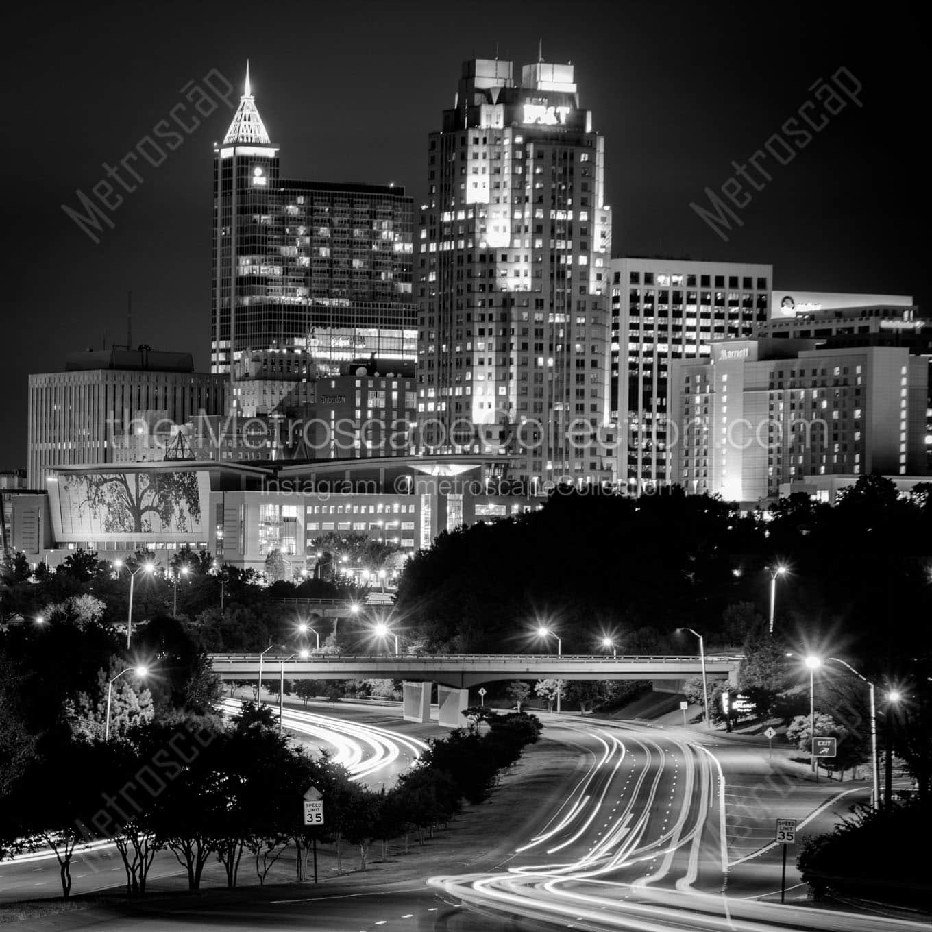 raleigh city skyline at night Black & White Wall Art