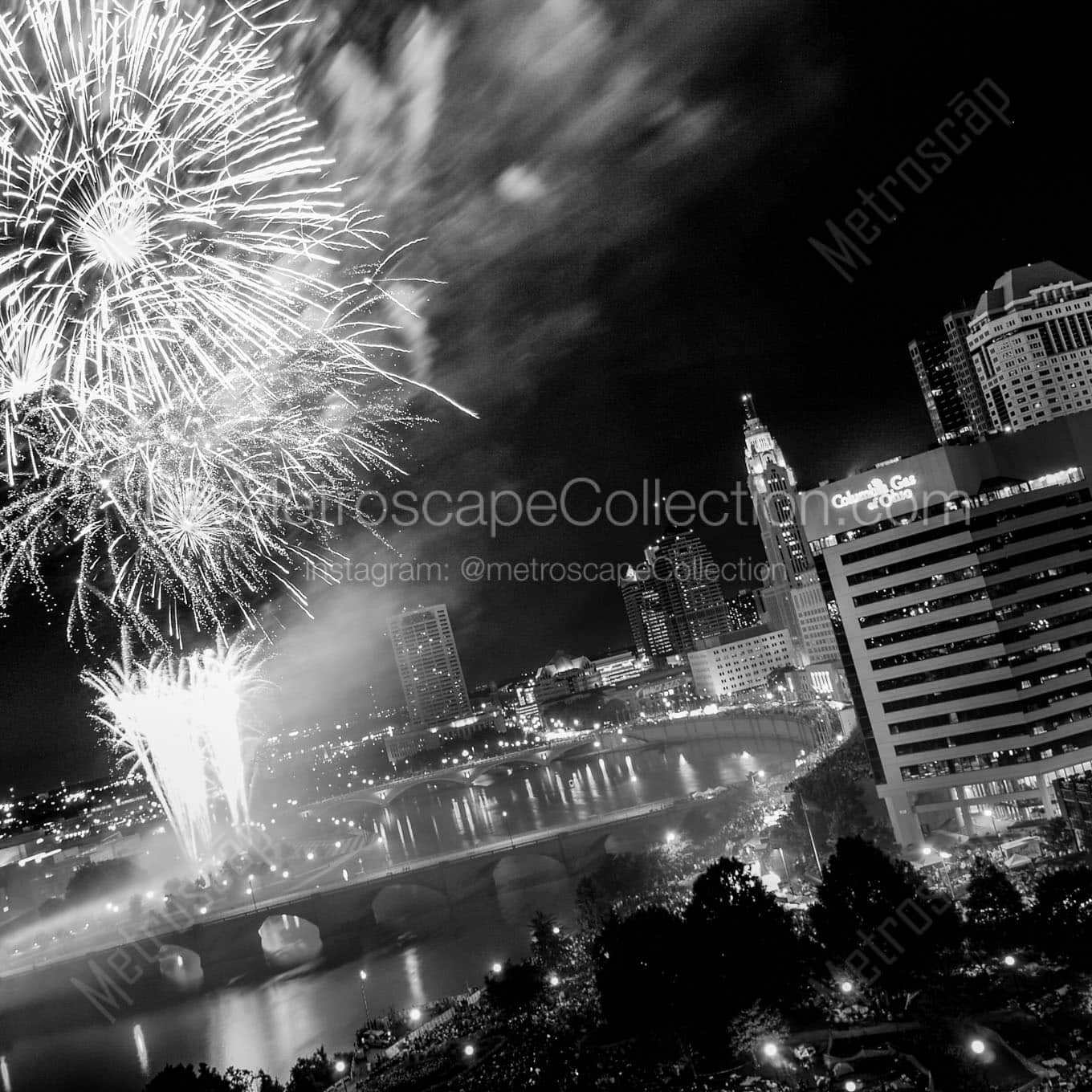red white boom fireworks from waterford tower Black & White Wall Art