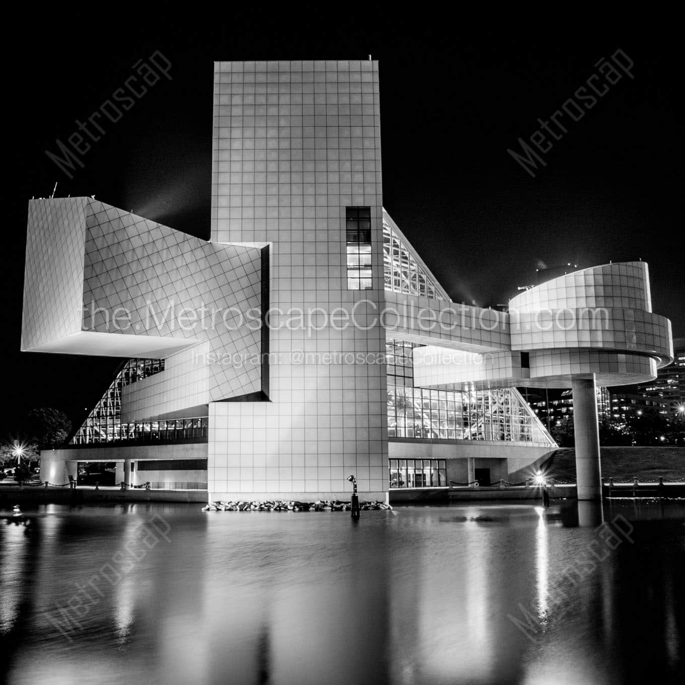 rock and roll hall of fame at night Black & White Wall Art