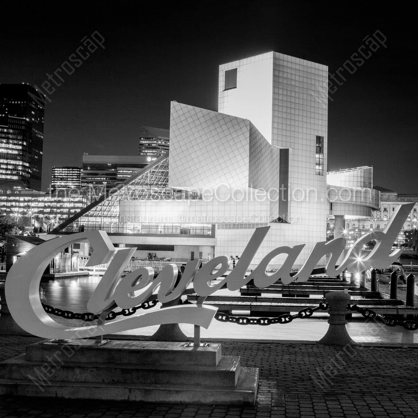 rock and roll hall of fame at night Black & White Wall Art