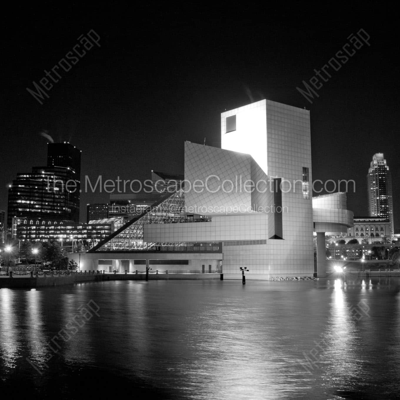 rock roll hof at night Black & White Wall Art