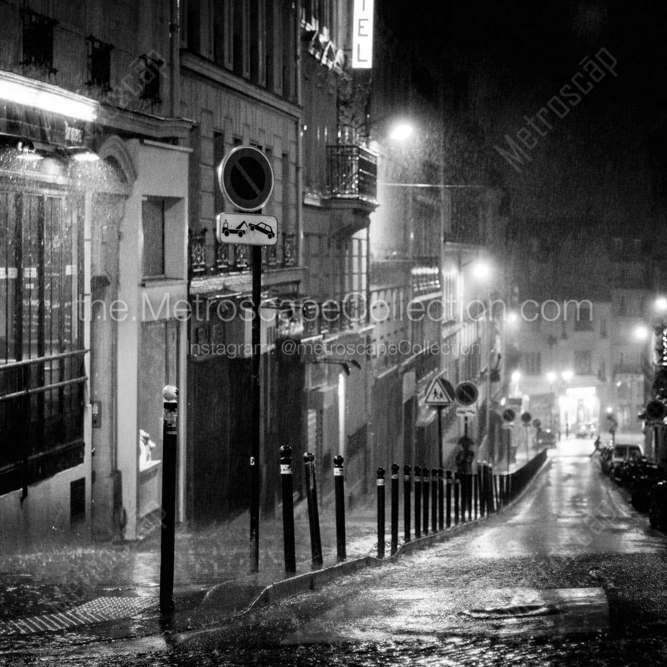 rue abbesses in pouring rain at night Black & White Wall Art
