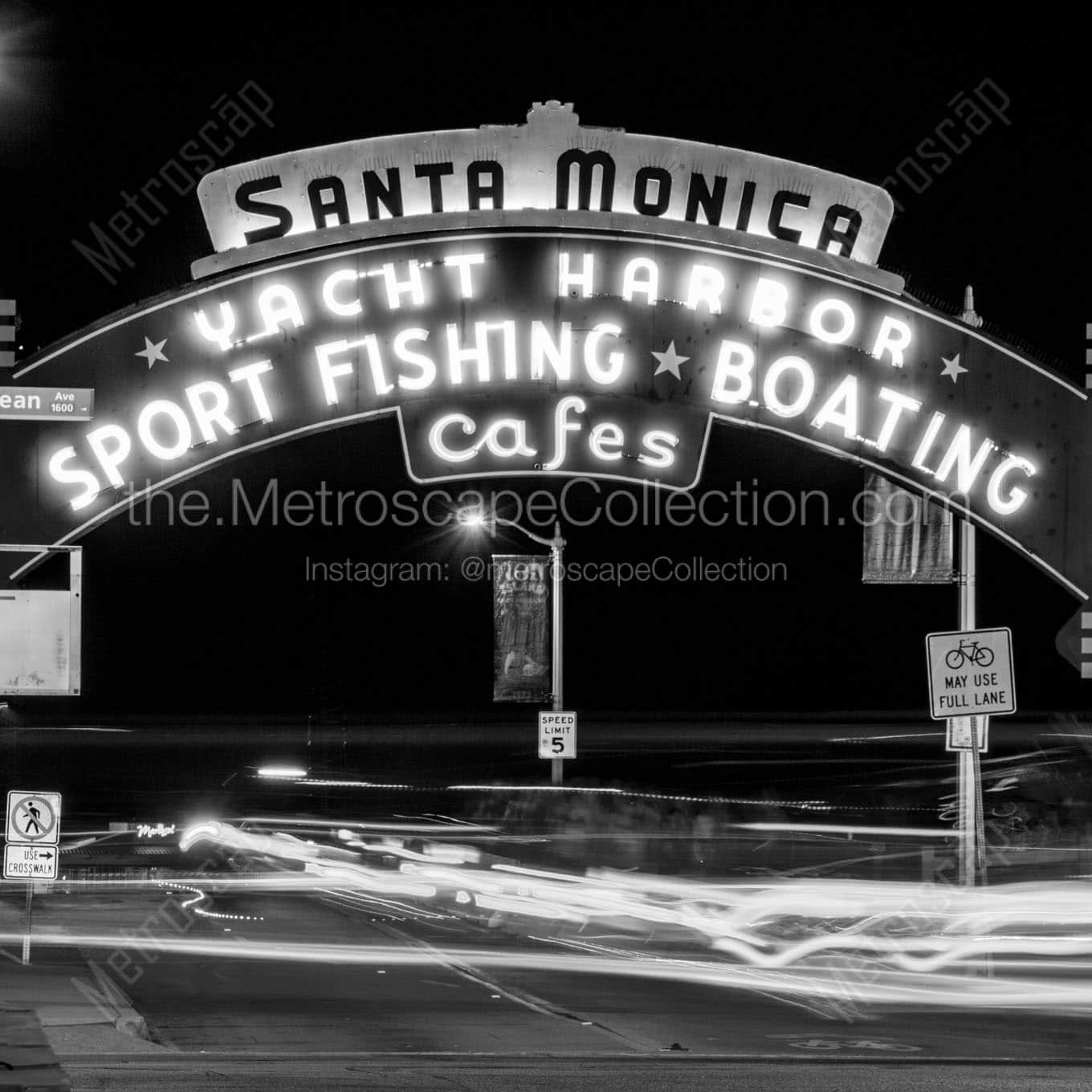 santa monica pier at night Black & White Wall Art