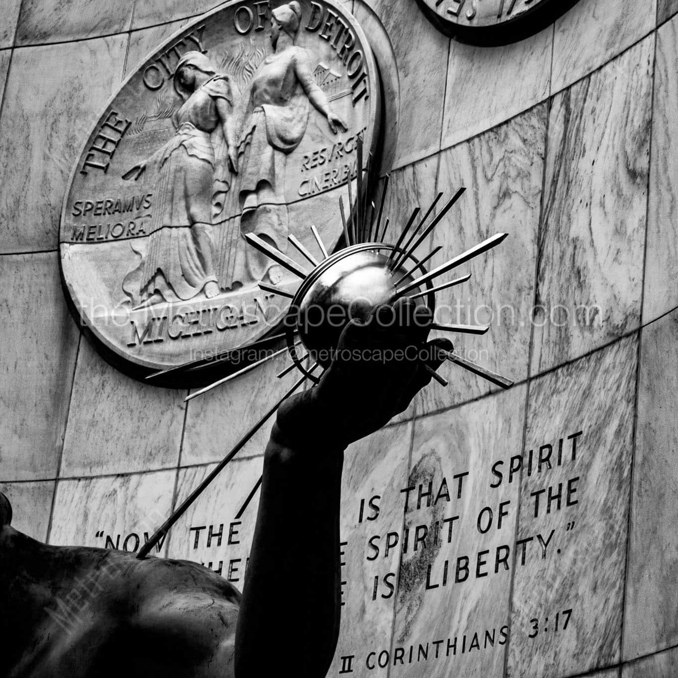 scripture on spirit of detroit statue Black & White Wall Art