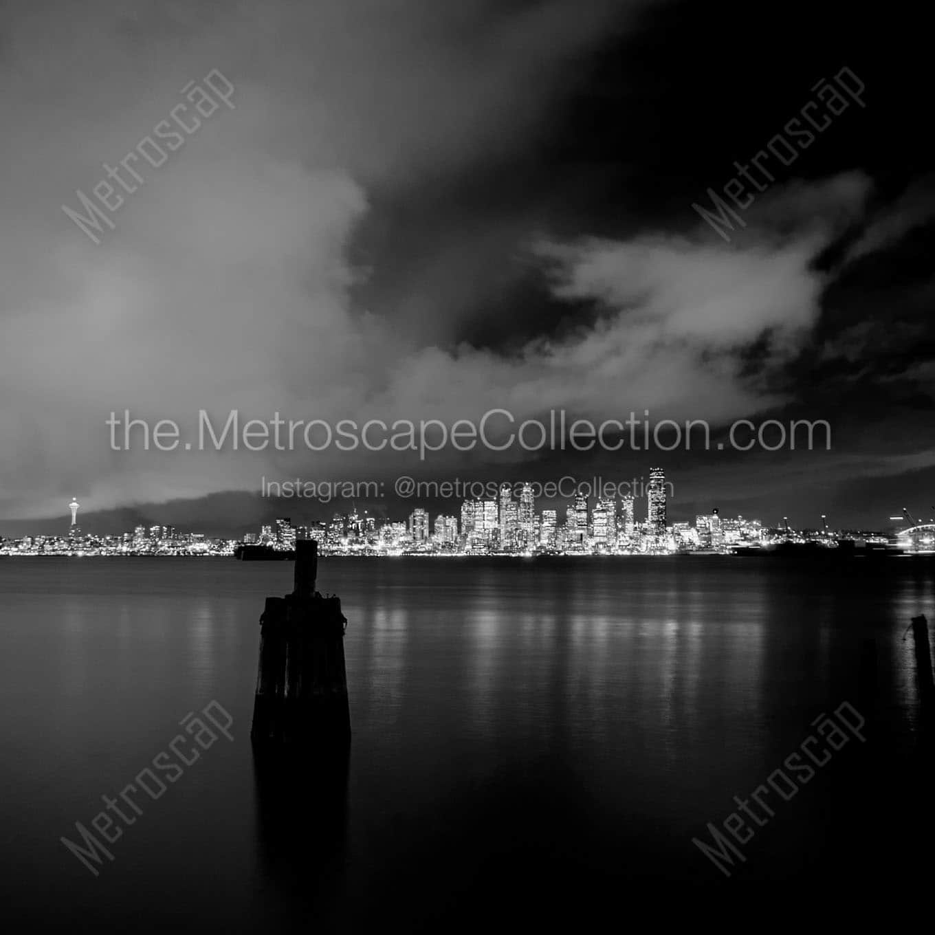 seattle city skyline at night Black & White Wall Art