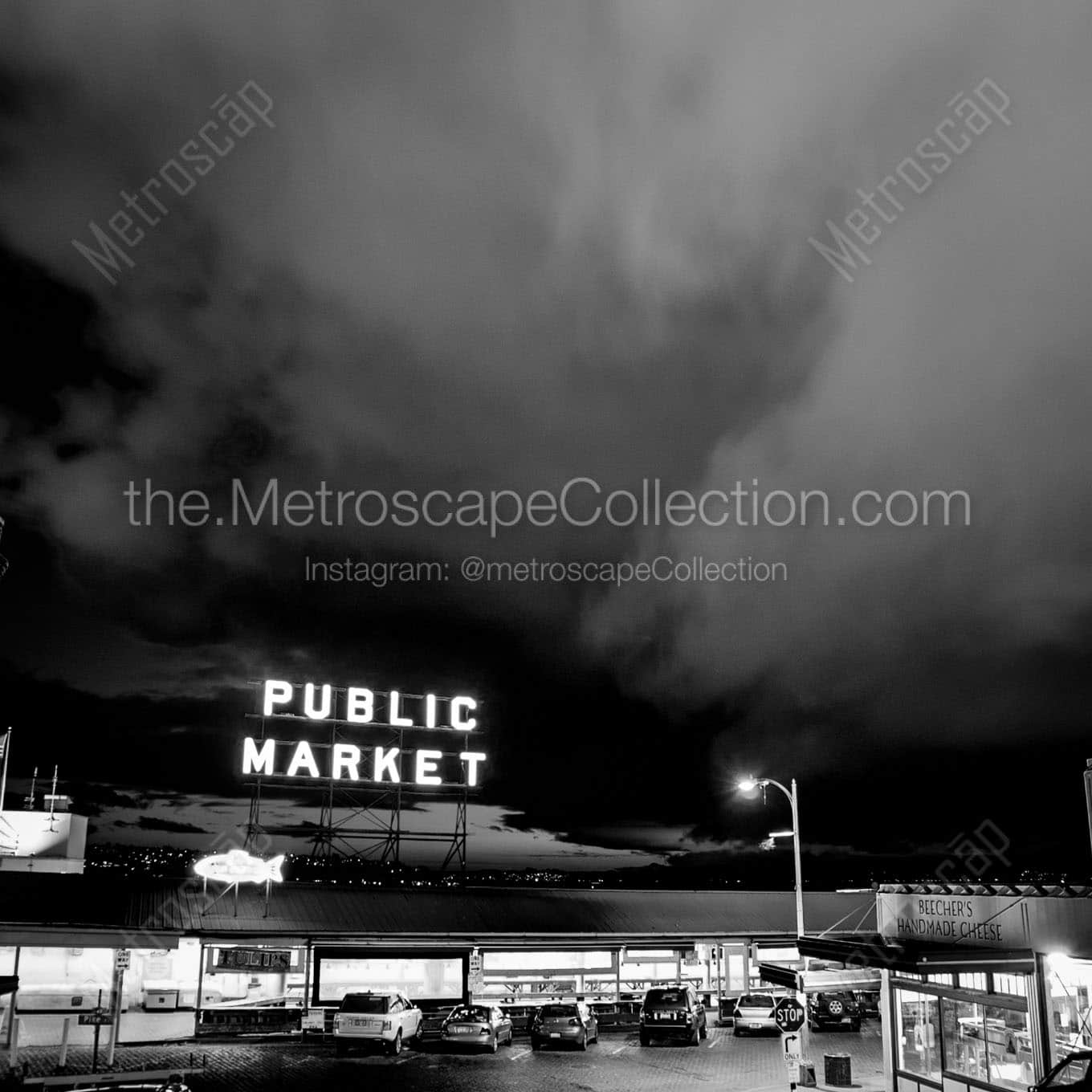 seattle public market sign Black & White Wall Art