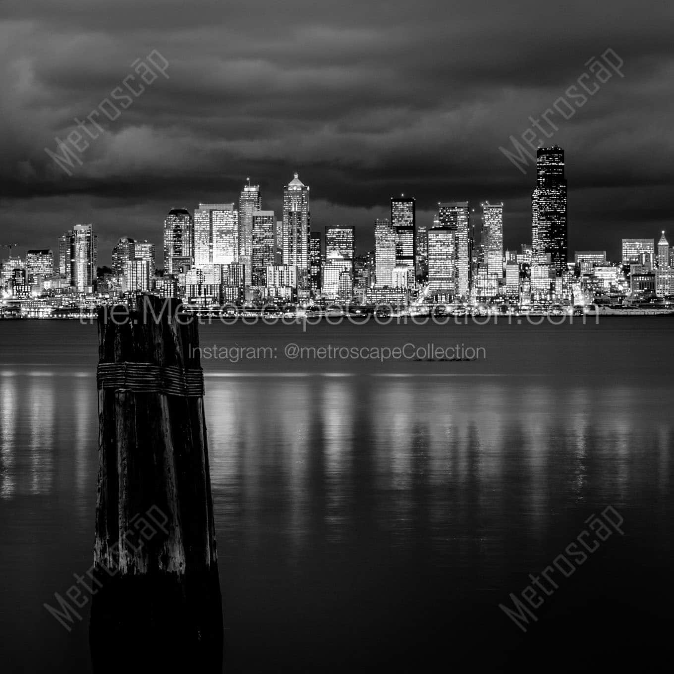 seattle skyline at night elliot bay Black & White Wall Art