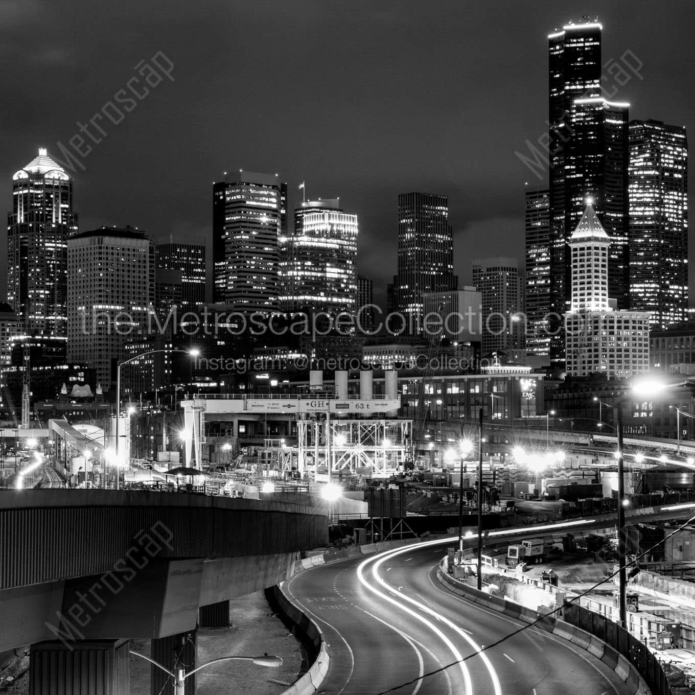 seattle skyline over alaskan way Black & White Wall Art