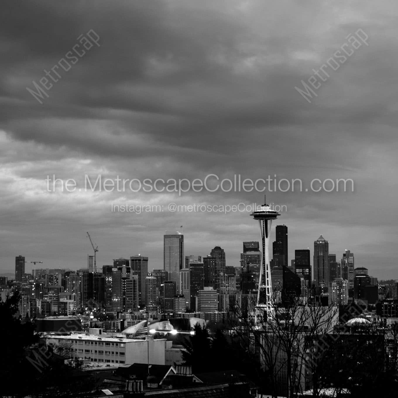 seattle skyline queen anne hill Black & White Wall Art