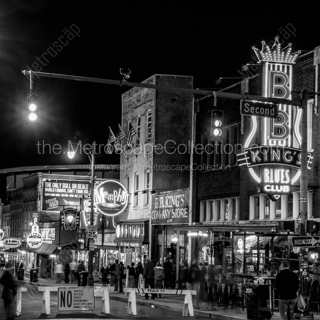 second and beale street at night Black & White Wall Art