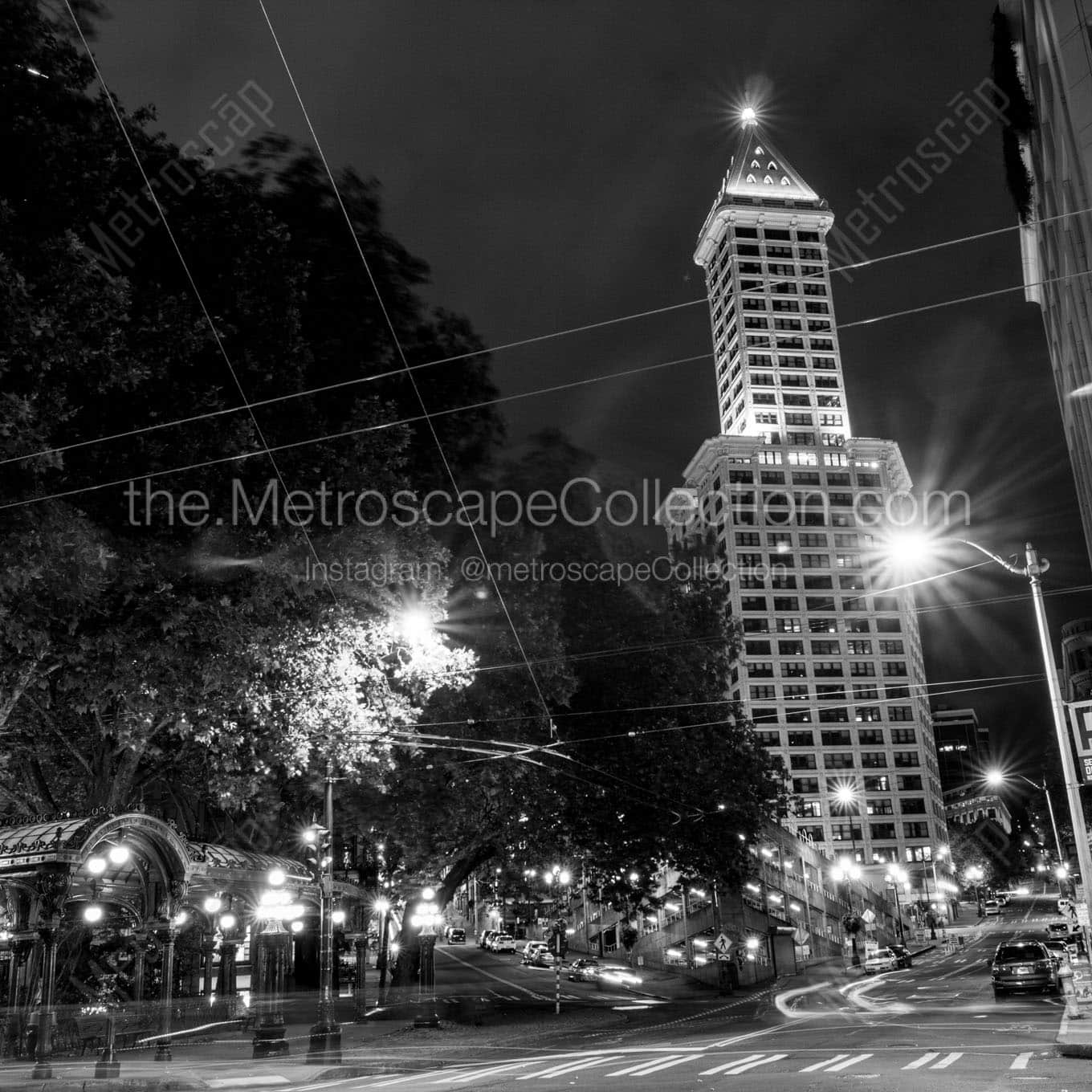 smith tower pioneer square at night Black & White Wall Art
