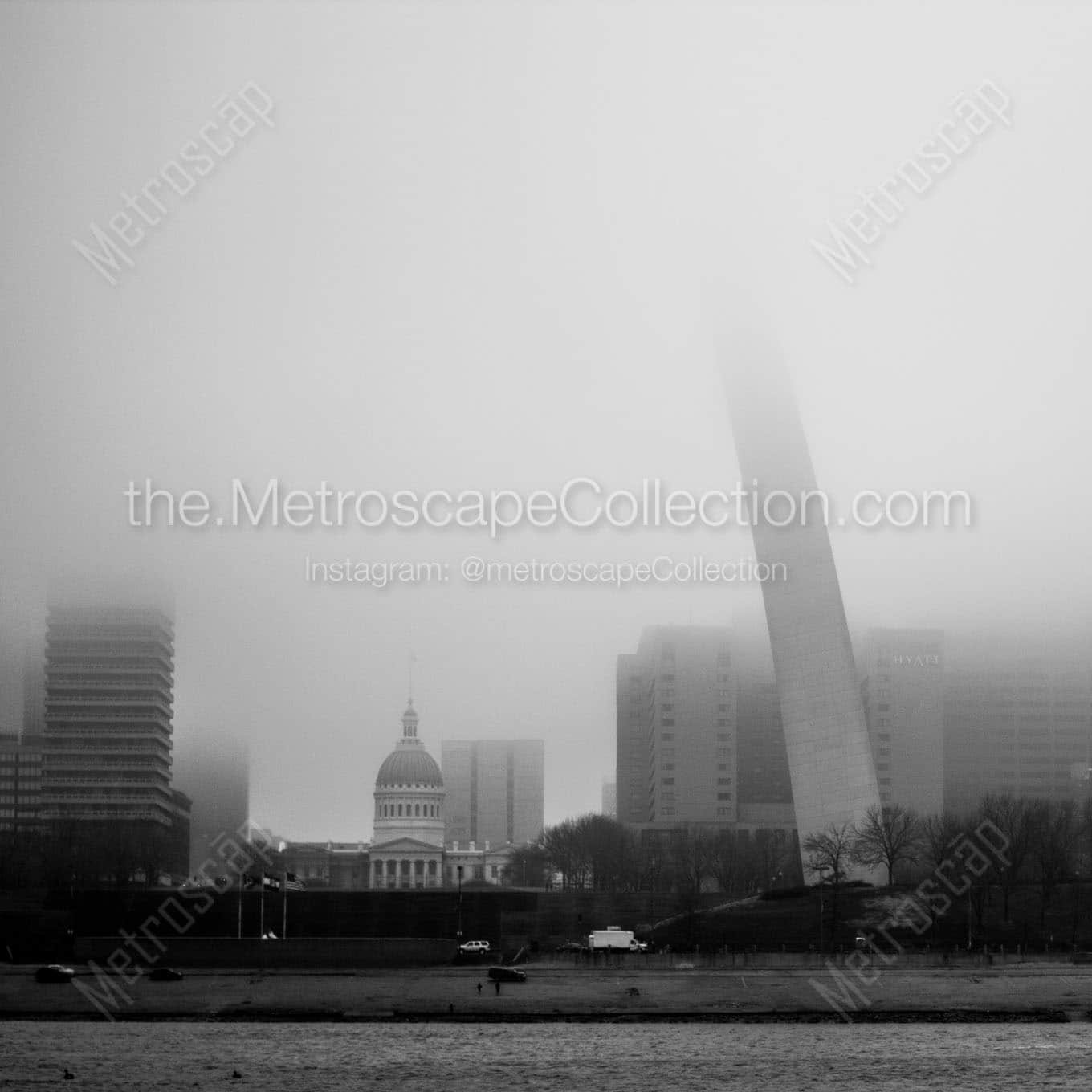 st louis arch in fog Black & White Wall Art