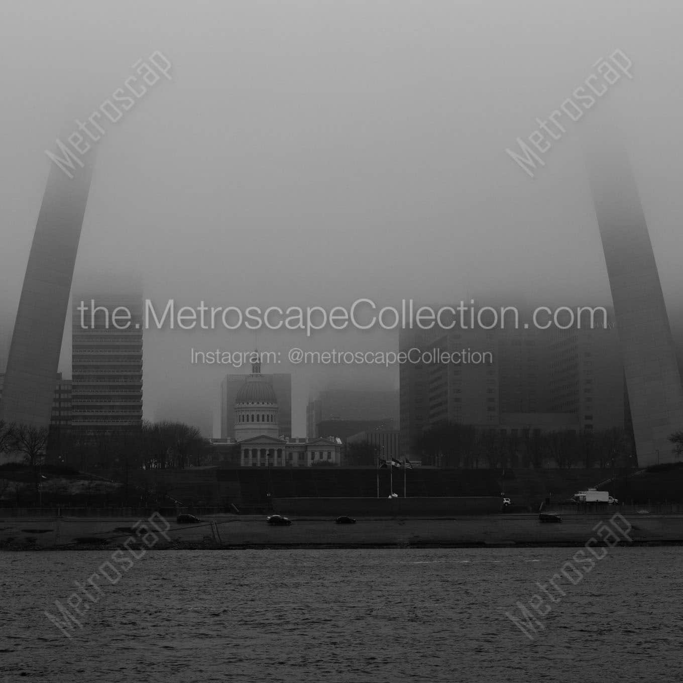 st louis arch in fog Black & White Wall Art
