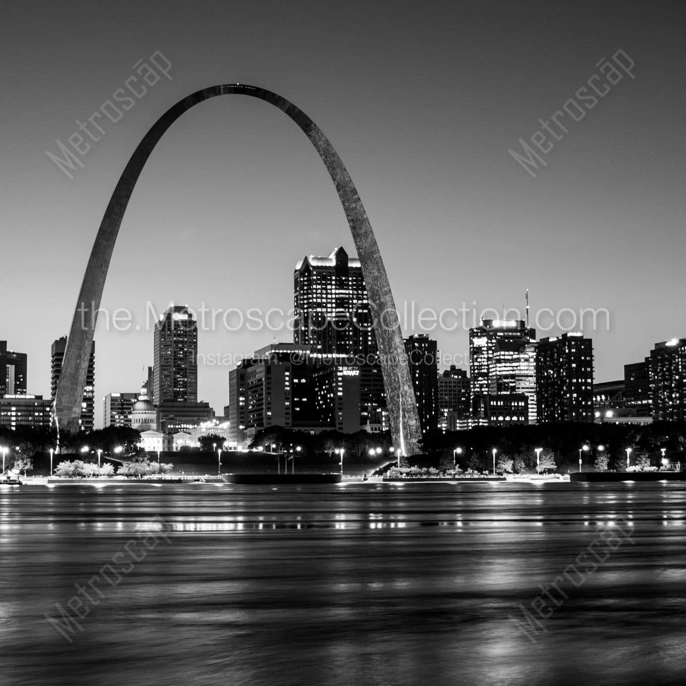 st louis skyline at night under arch Black & White Wall Art