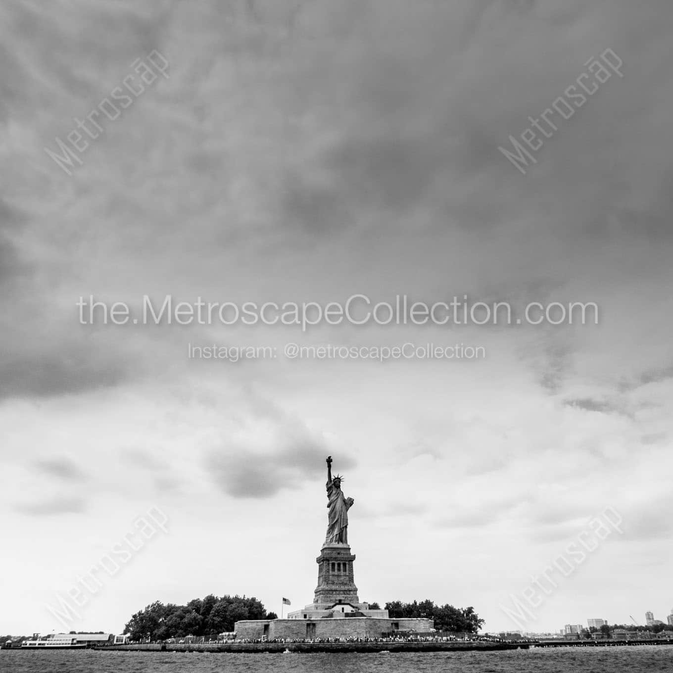 statue of liberty and liberty island new york harbor Black & White Wall Art