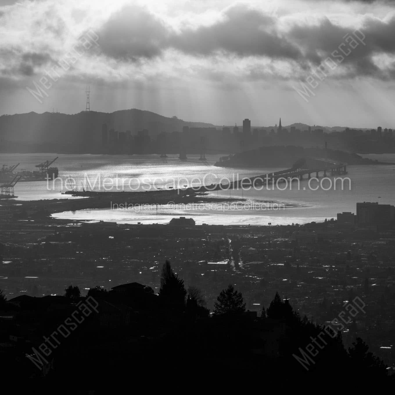 sun rays over san francisco bay Black & White Wall Art