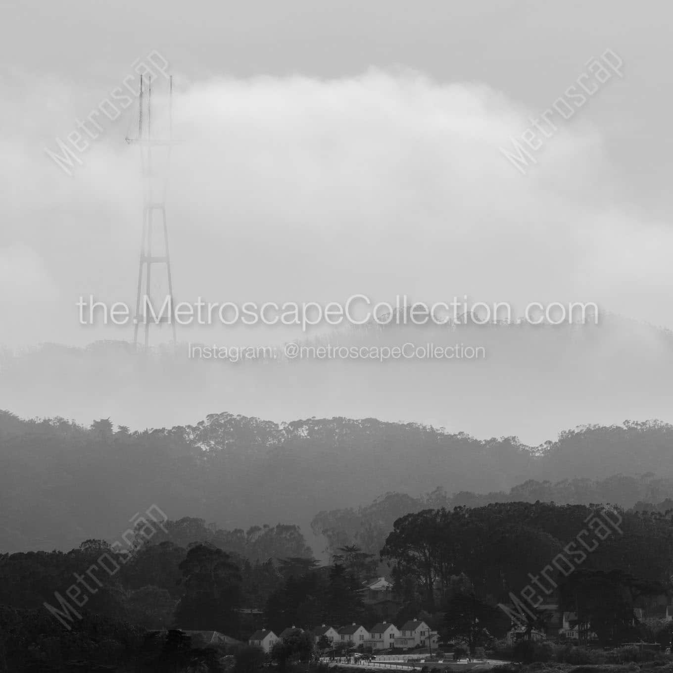 sutro tower covered in fog Black & White Wall Art