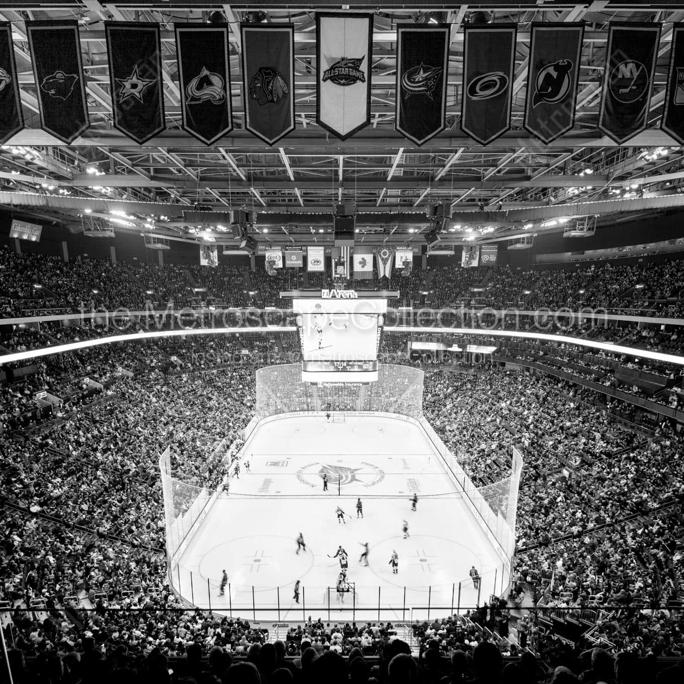 team banners above ice nationwide arena Black & White Wall Art