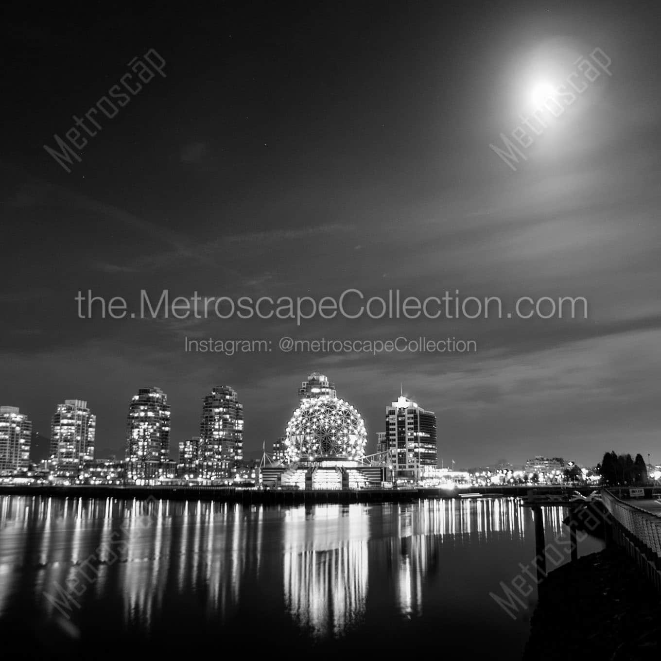 telus science world dome at night Black & White Wall Art