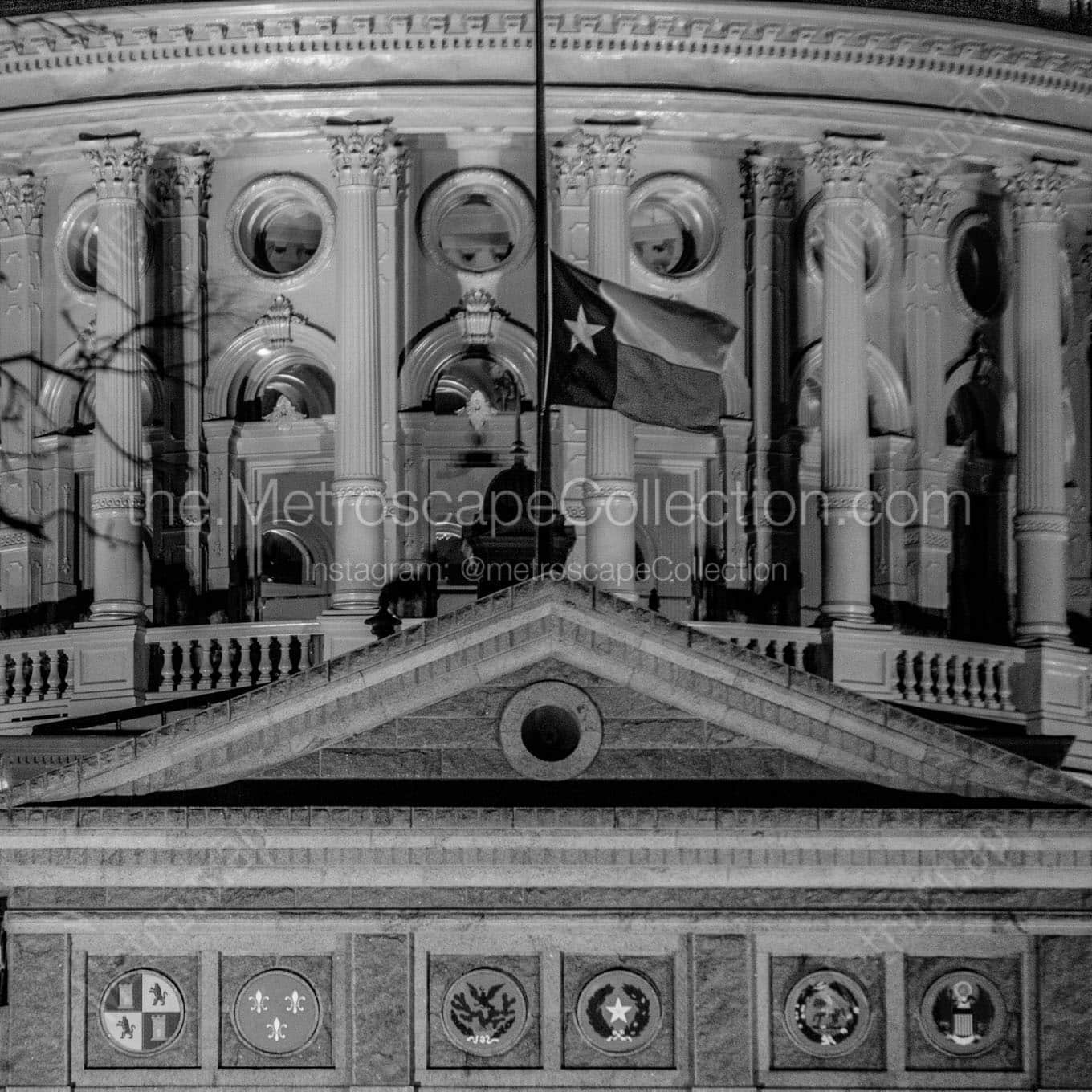 texas flag on texas statehouse Black & White Wall Art