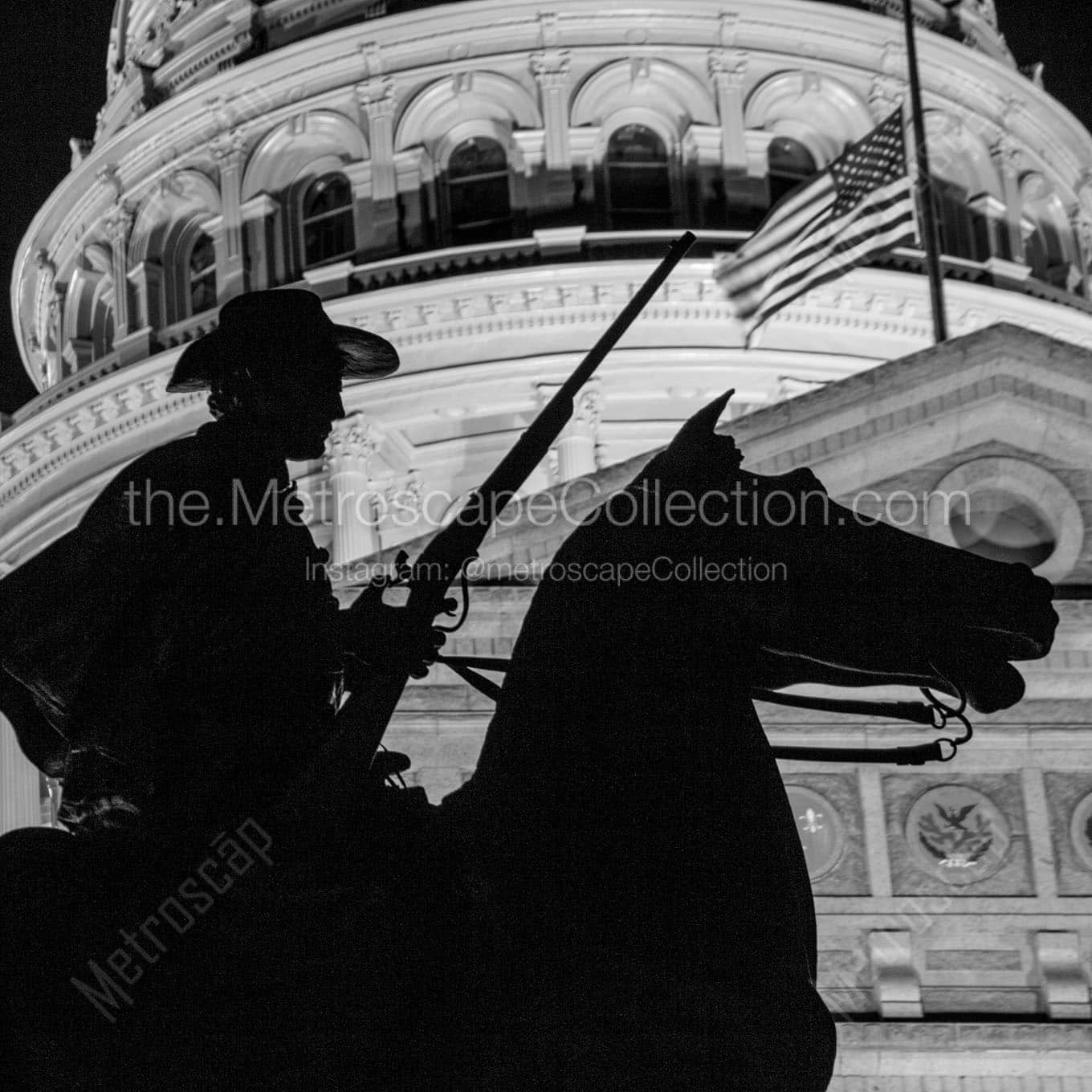 texas ranger statue with texas statehouse behind Black & White Wall Art