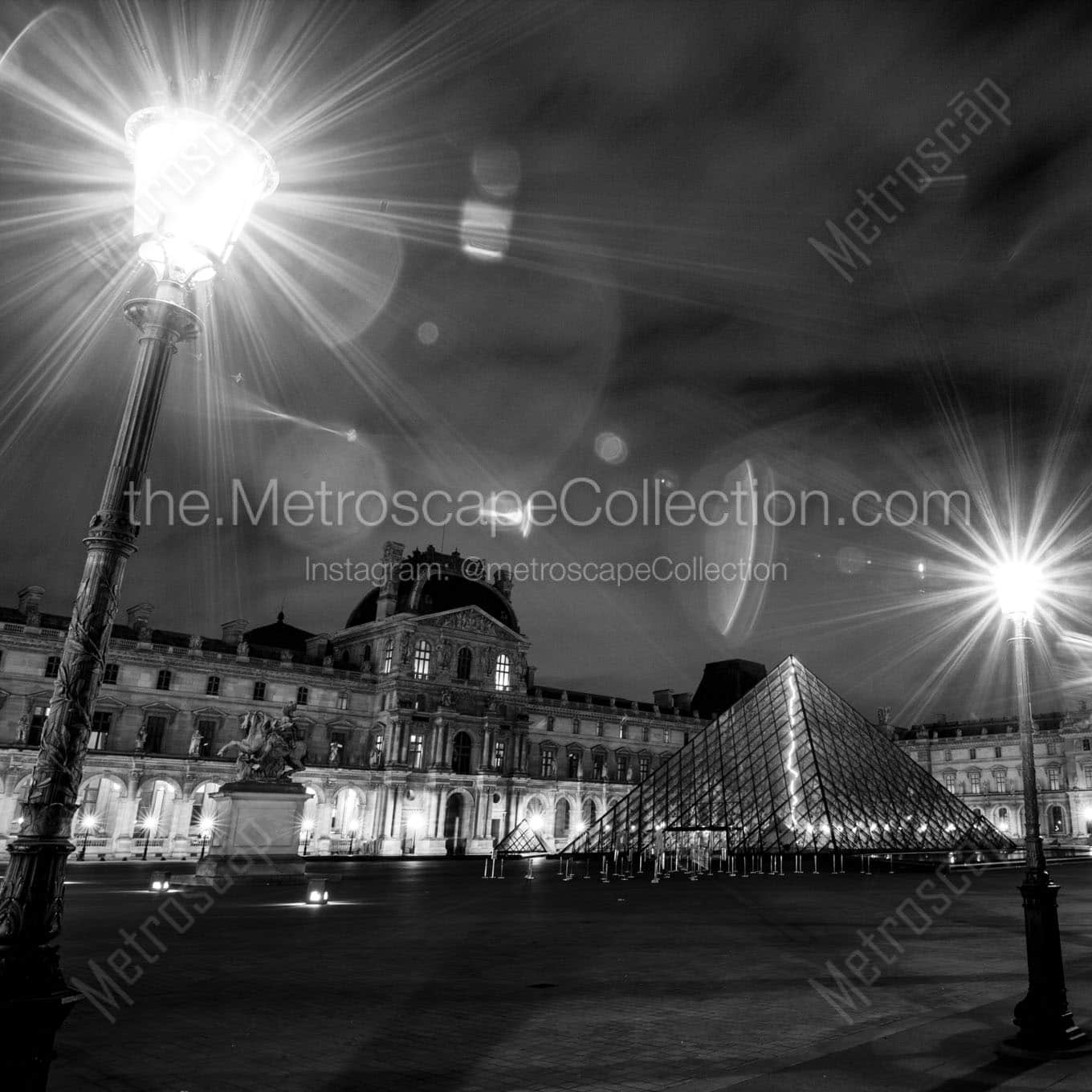 the louvre at night Black & White Wall Art