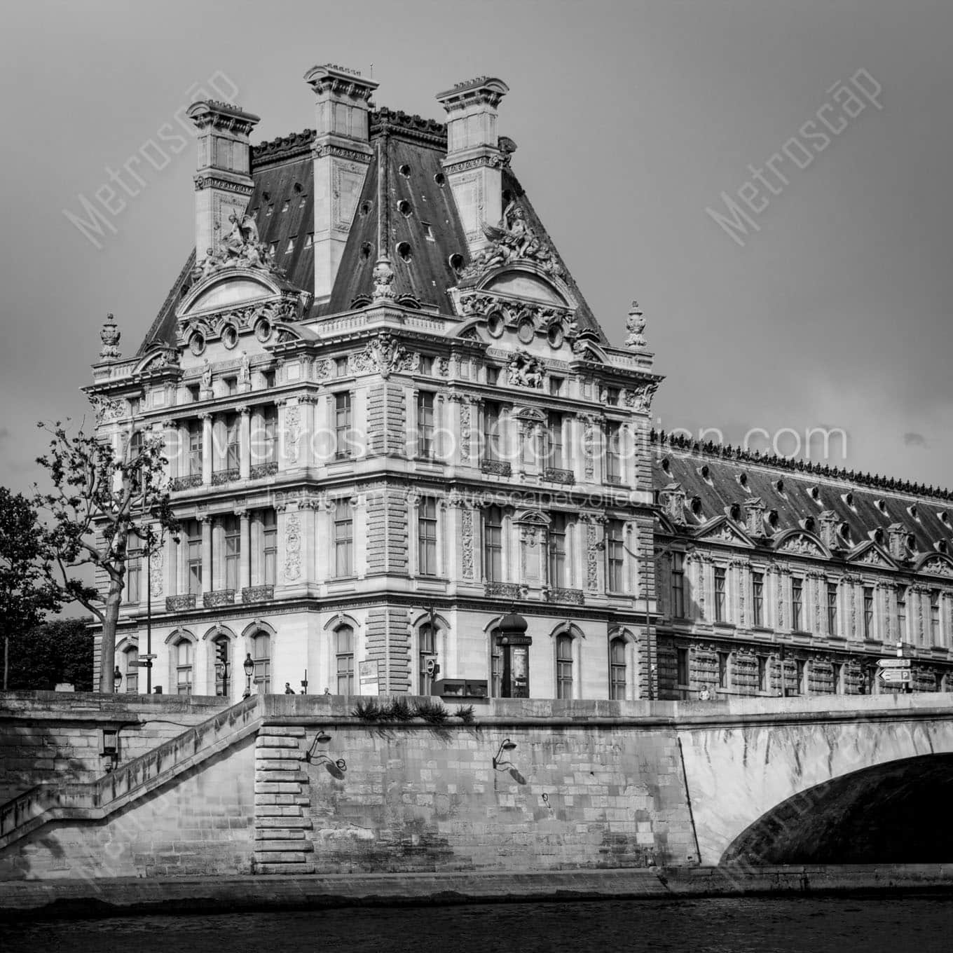 the louvre from the river seine Black & White Wall Art