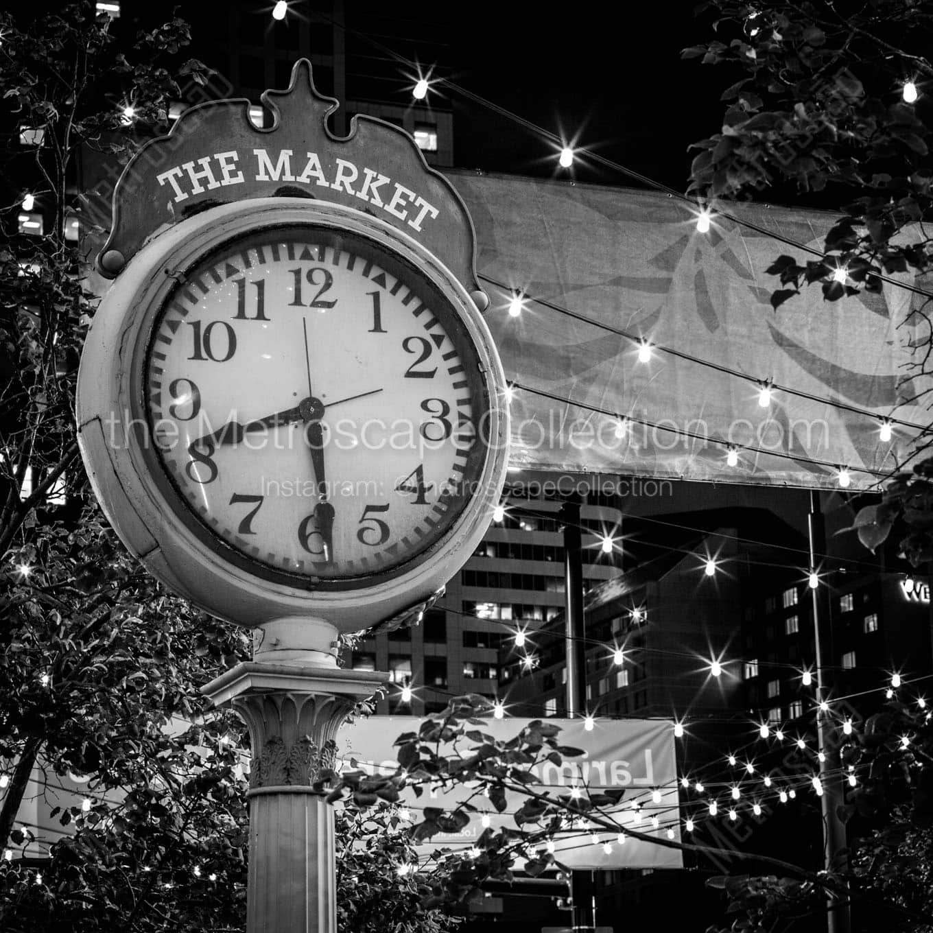 the market clock larimer square at night Black & White Wall Art