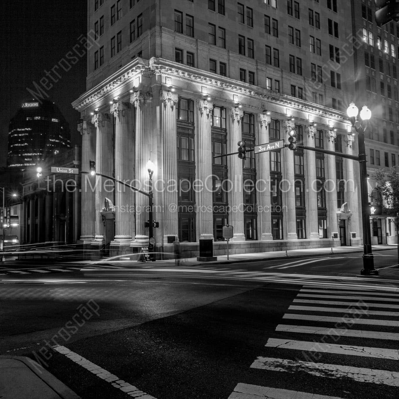 third and union downtown nashville at night Black & White Wall Art