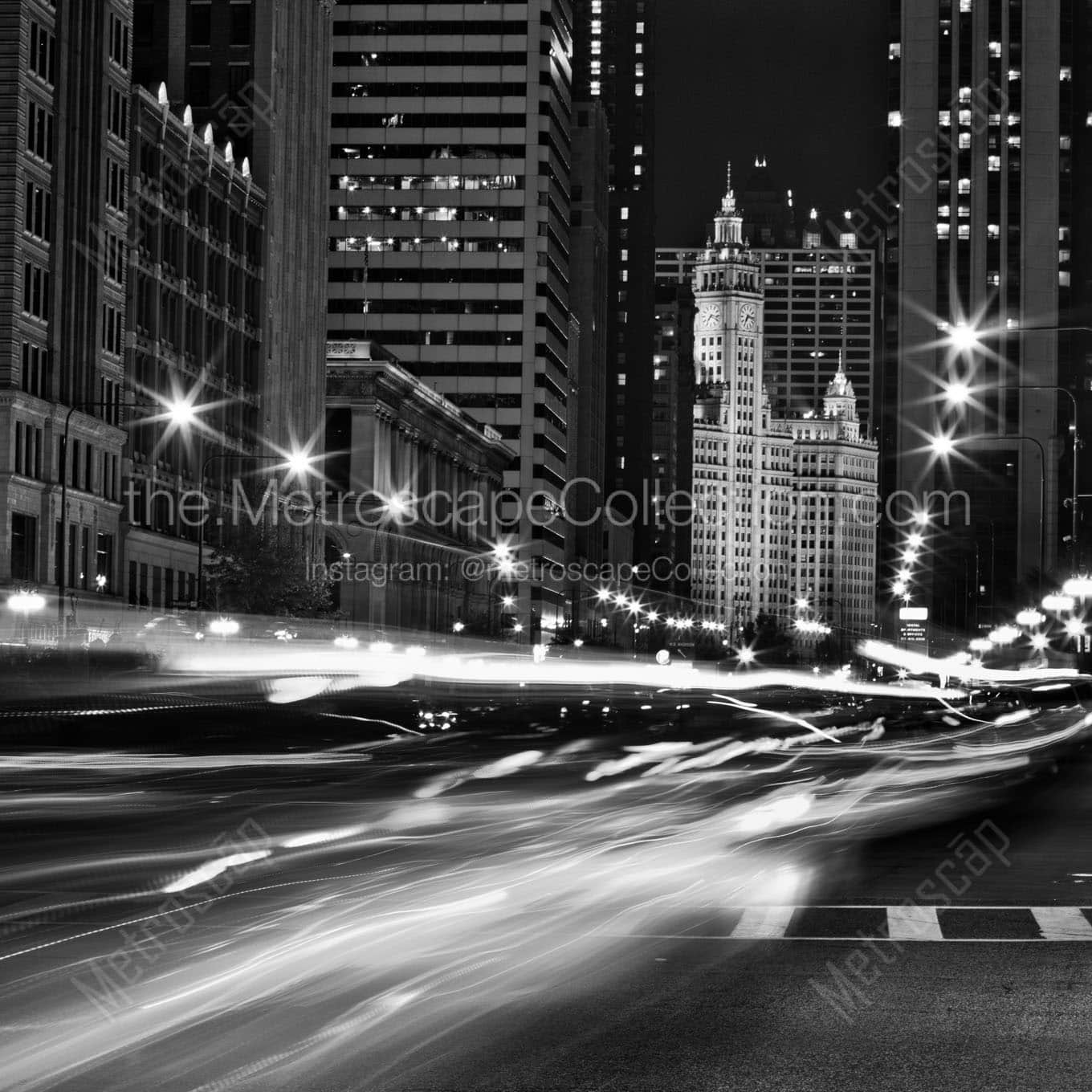 traffic on michigan avenue at night Black & White Wall Art
