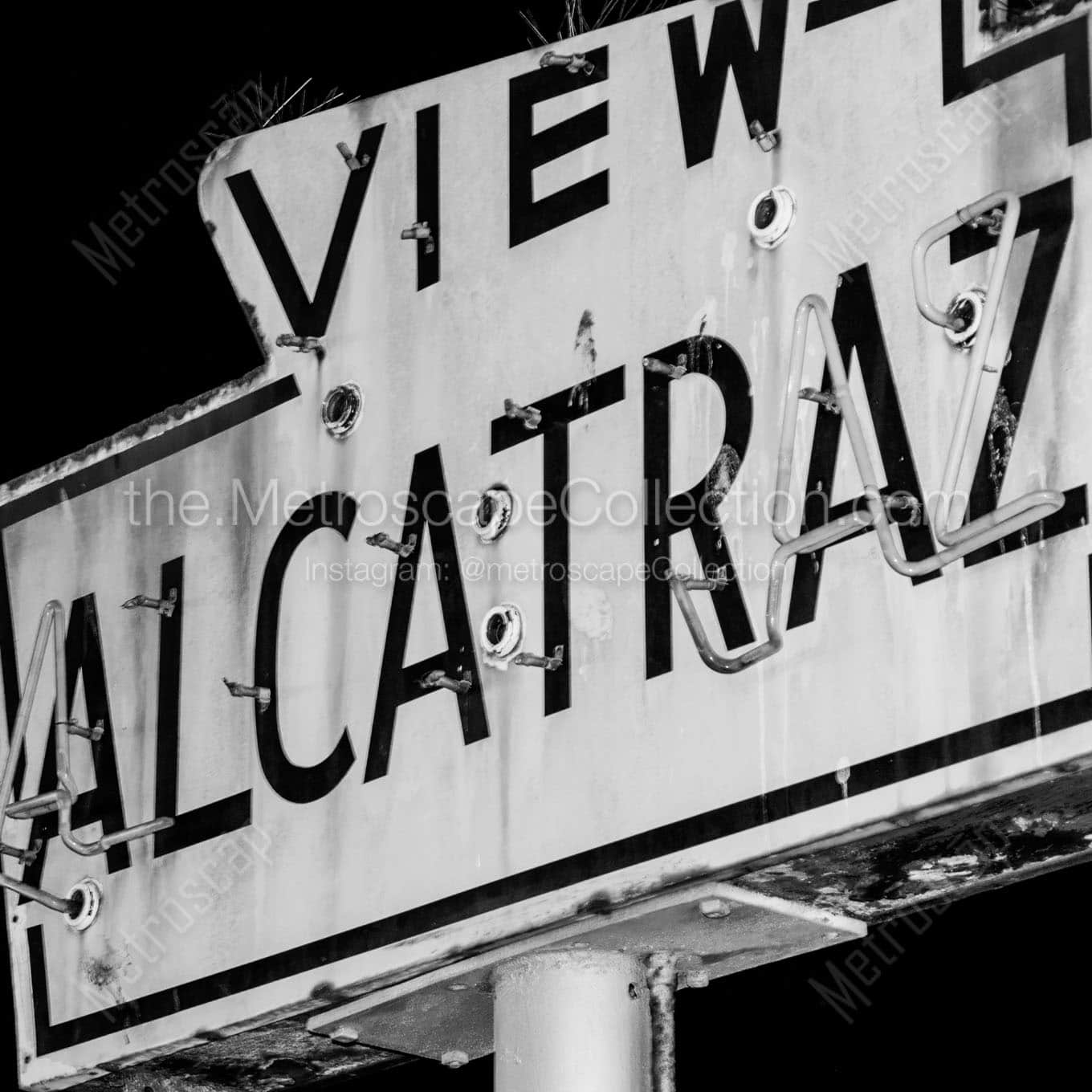 view alcatraz sign fishermans wharf Black & White Wall Art