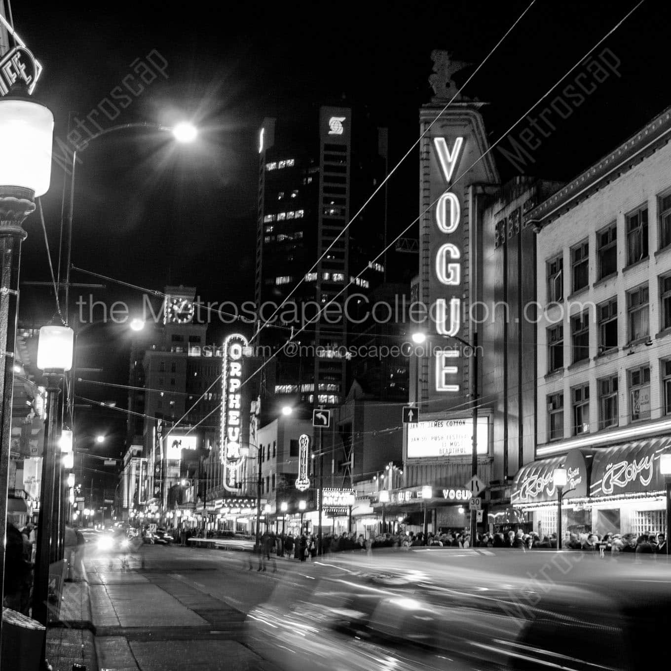 vogue theater at night granville street Black & White Wall Art