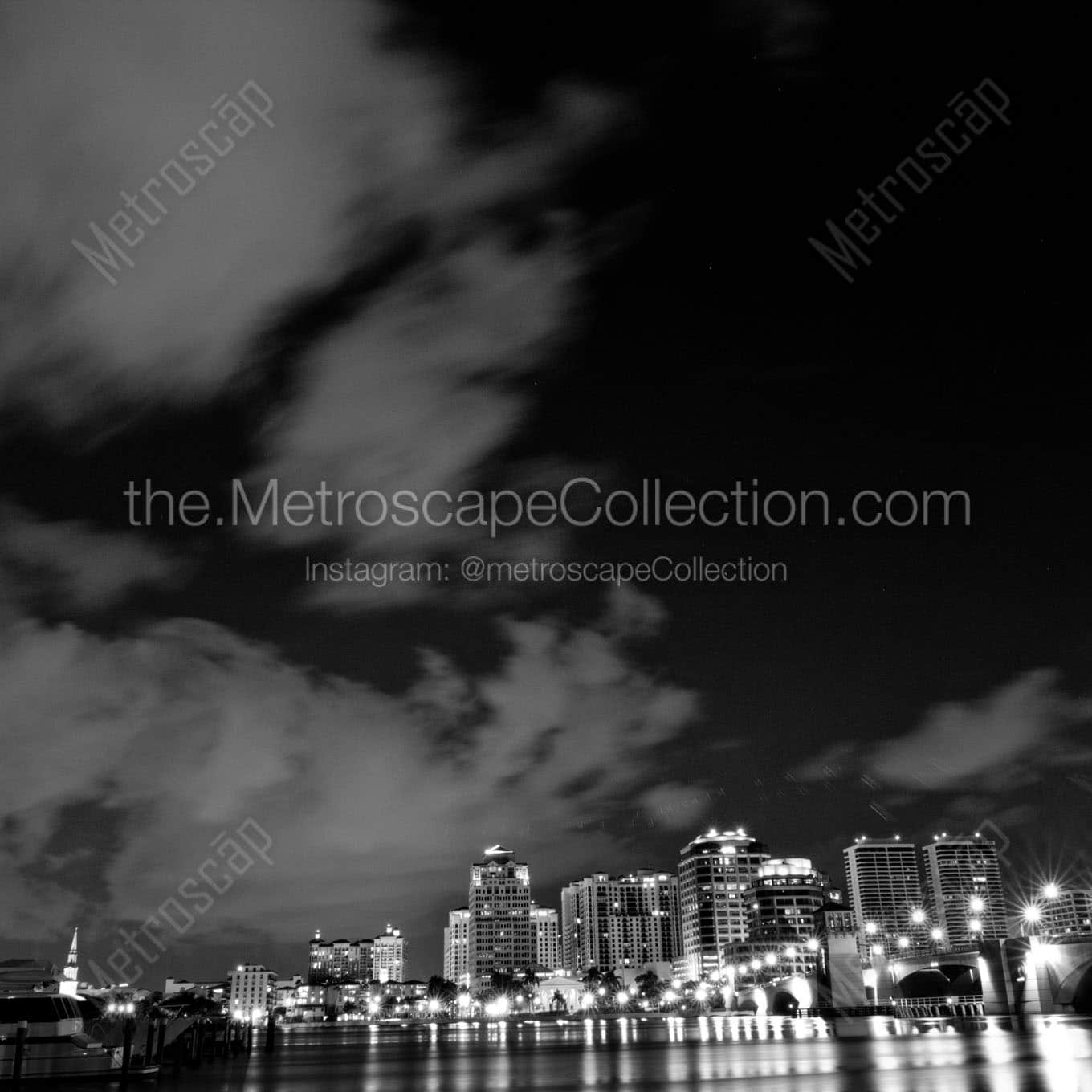 west palm beach skyline intercoastal waterway at night Black & White Wall Art