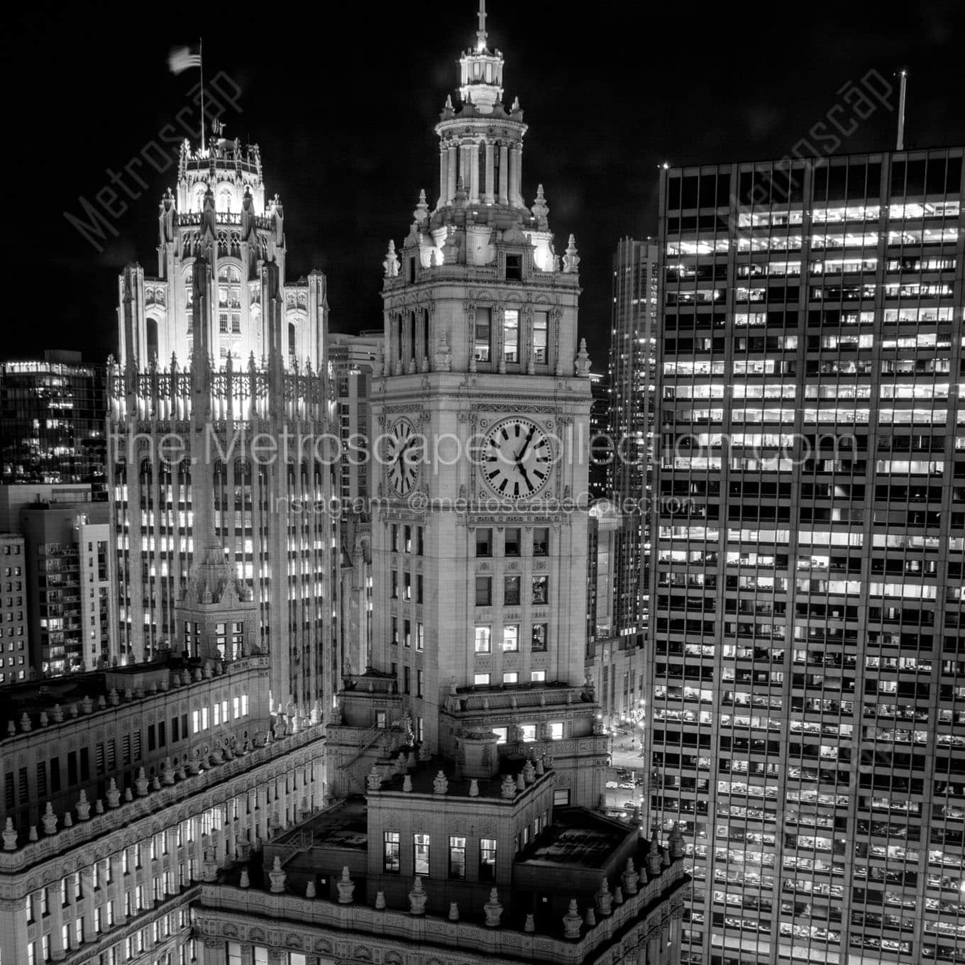 wrigley building clock face at night Black & White Wall Art