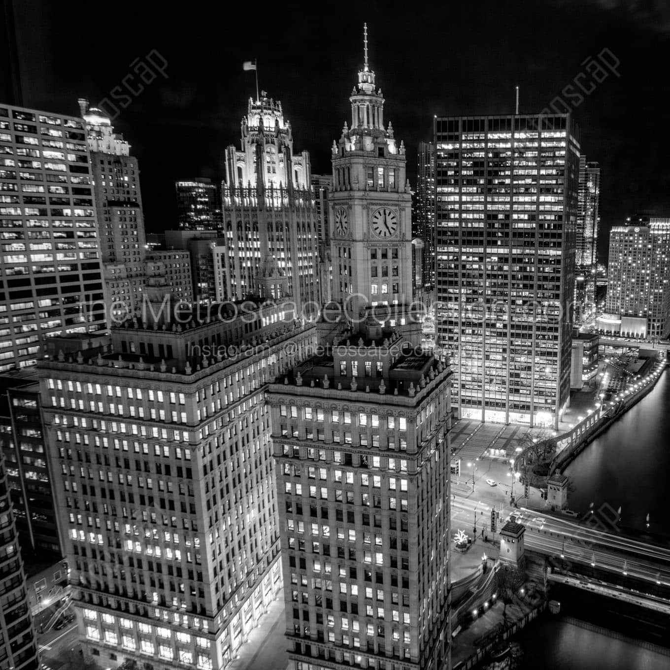 wrigley building tribune building at night Black & White Wall Art