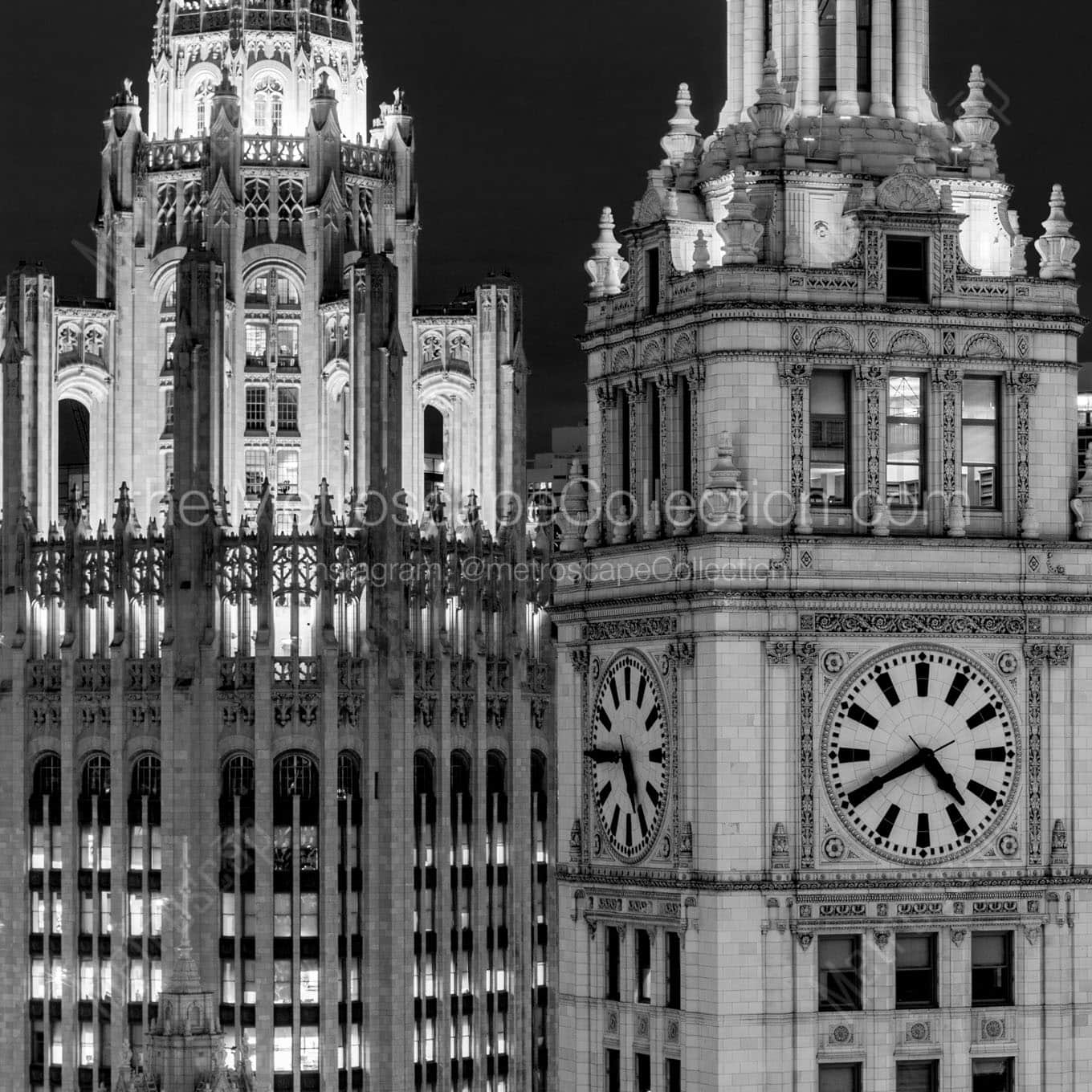 wrigley building tribune building at night Black & White Wall Art