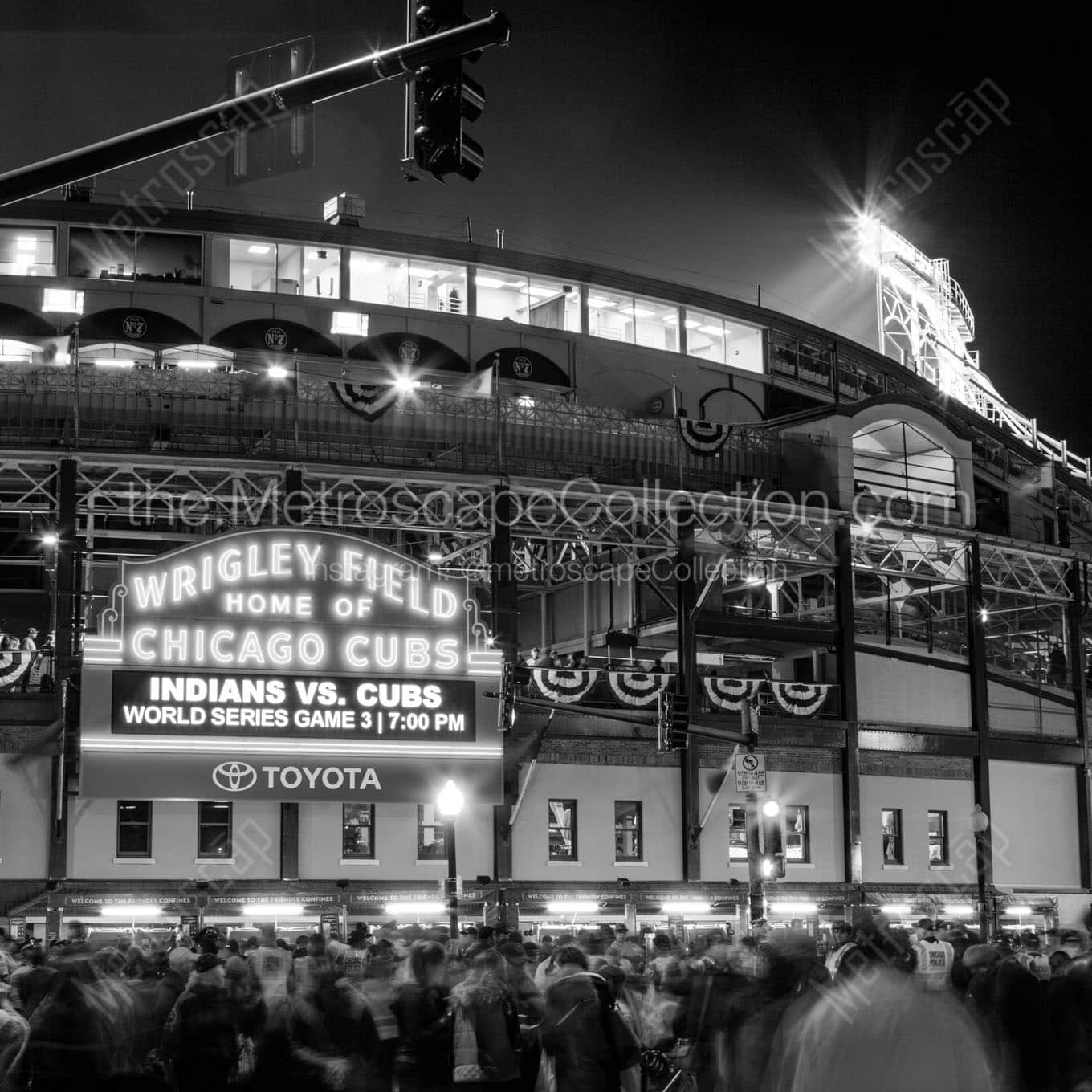 wrigley field wrigleyville at night world series Black & White Wall Art