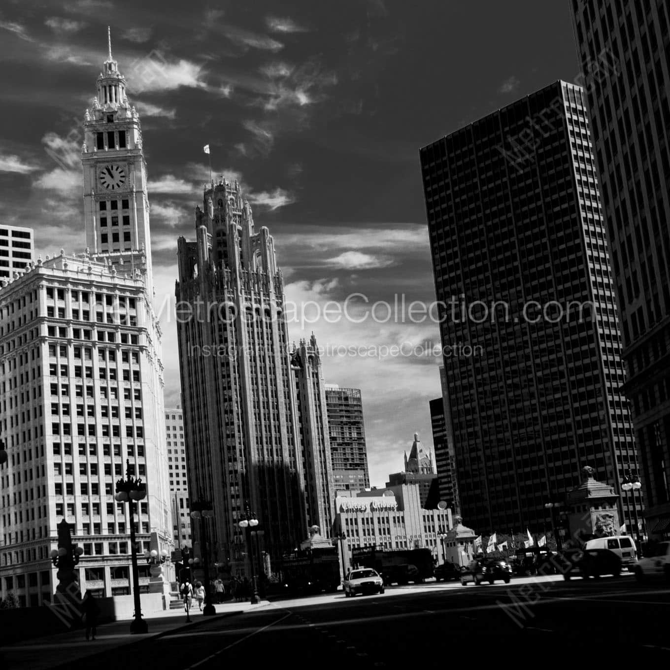 wrigley tribune buildings whispy sky Black & White Wall Art