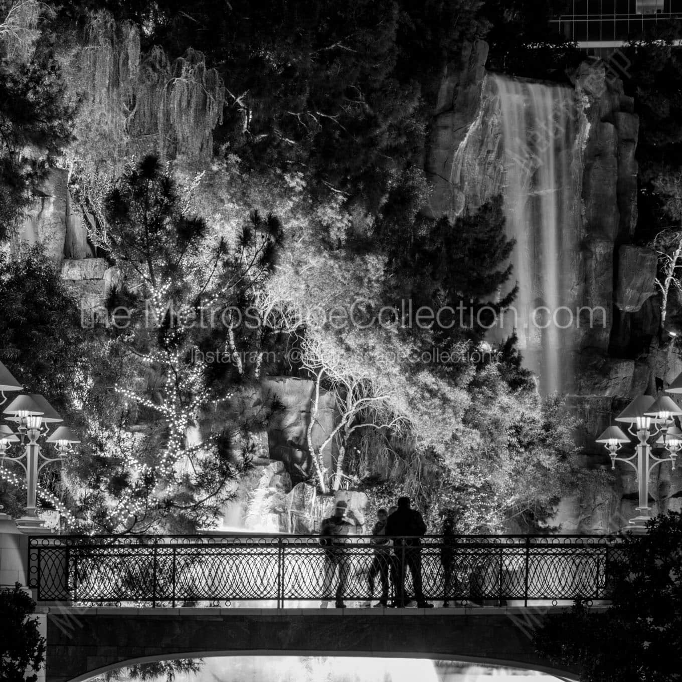 wynn waterfall at night Black & White Wall Art